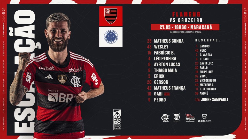 SAIU! Com Matheus Cunha e Matheus França, Flamengo divulga escalação para jogo contra o Cruzeiro, pelo Brasileirão