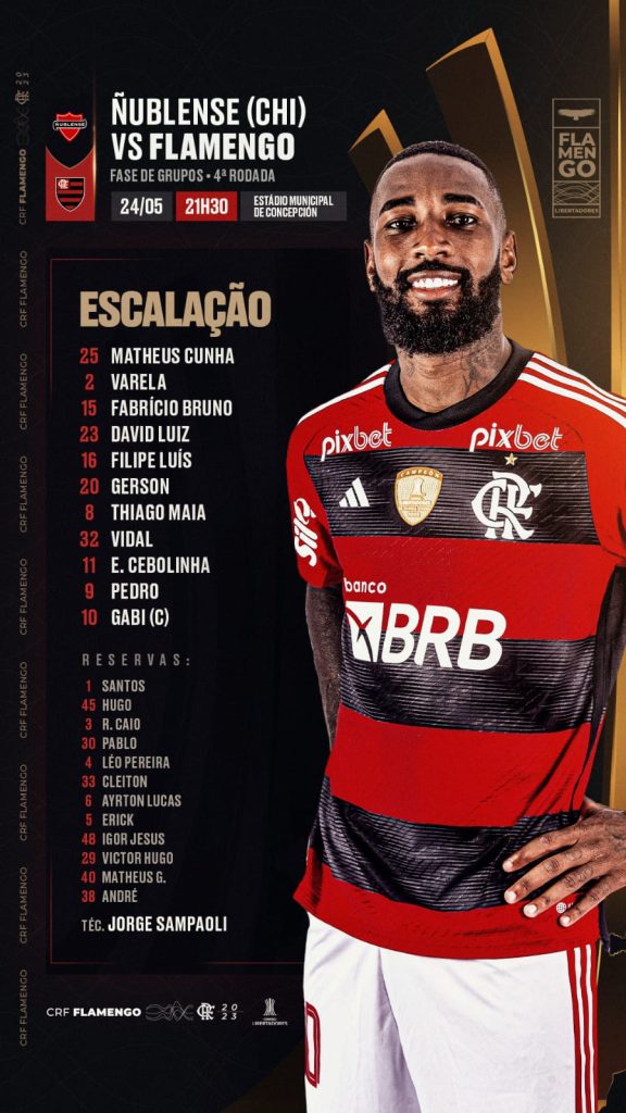 SAIU! Com Filipe Luís e sem Arrascaeta, Flamengo divulga escalação para jogo contra o Ñublense, pela Libertadores