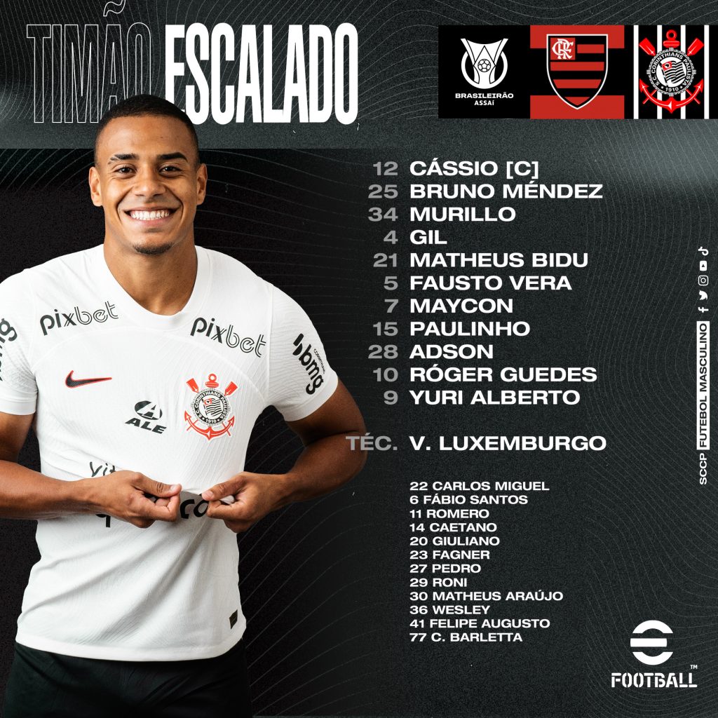 Corinthians define escalação para jogo contra o Flamengo, pelo Brasileirão