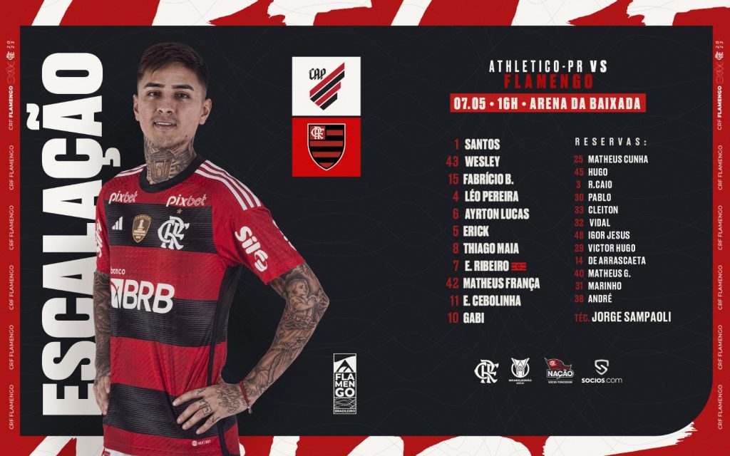 SAIU! Com Pulgar e sem Vidal, Flamengo divulga escalação para jogo contra o Athletico-PR, pelo Brasileirão