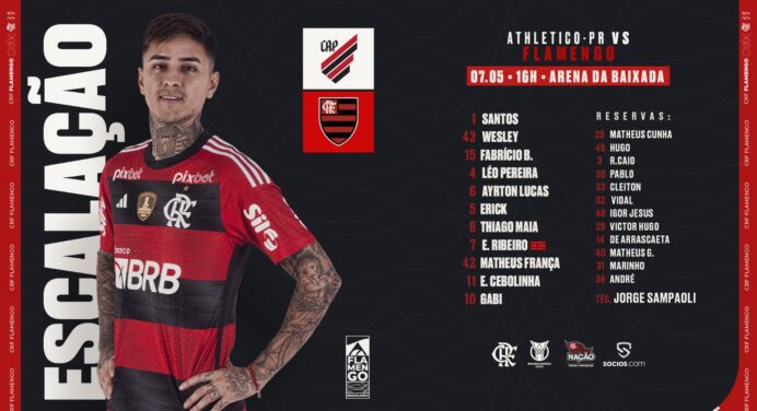 SAIU! Com Pulgar e sem Vidal, Flamengo divulga escalação para jogo contra o Athletico-PR, pelo Brasileirão