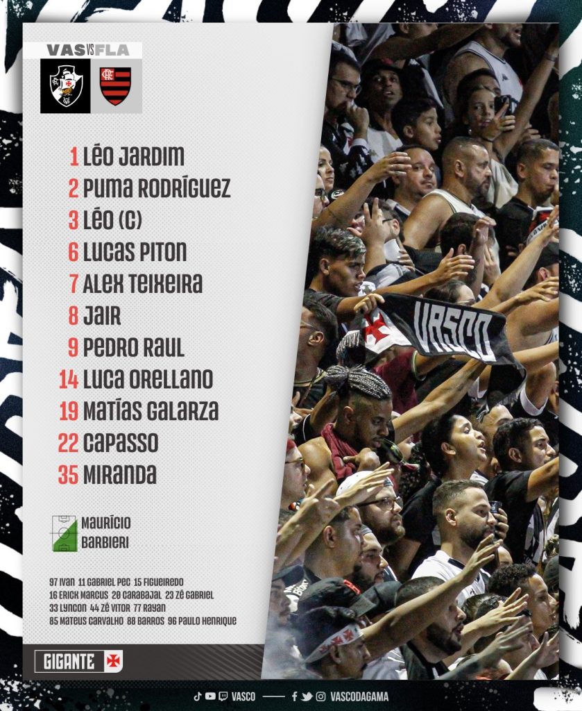 Vasco define escalação para jogo contra o Flamengo, pelo Brasileirão