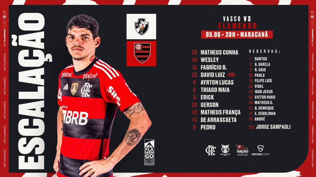 SAIU! Flamengo divulga escalação para jogo contra o Vasco, pelo Brasileirão