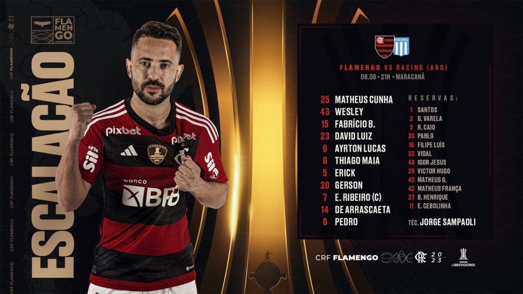 SAIU! Com Gerson e Everton Ribeiro, Flamengo divulga escalação para jogo contra o Racing, pela Libertadores