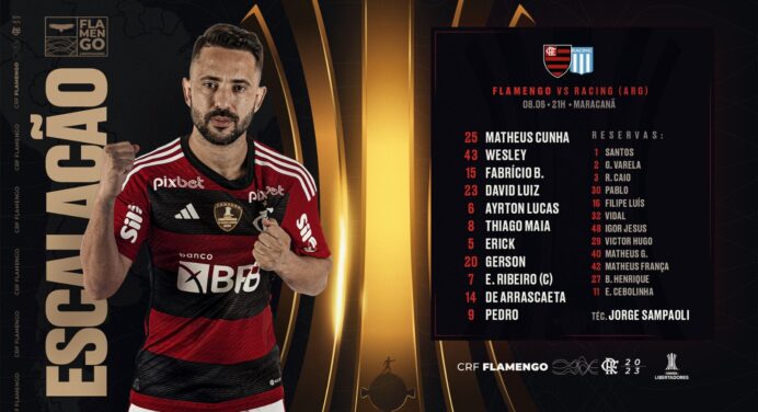SAIU! Com Gerson e Everton Ribeiro, Flamengo divulga escalação para jogo contra o Racing, pela Libertadores