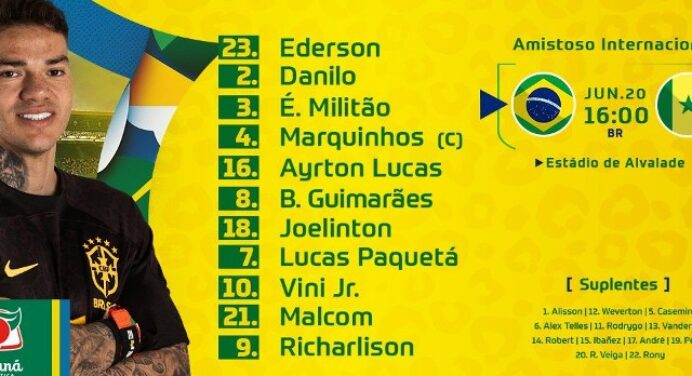 Brasil divulga escalação para jogo contra Senegal; Ayrton Lucas é titular
