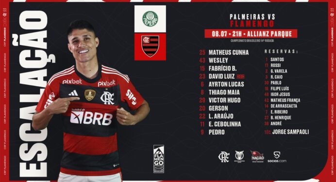 SAIU! Sem Arrascaeta, Flamengo divulga escalação para jogo contra o Palmeiras, pelo Brasileirão