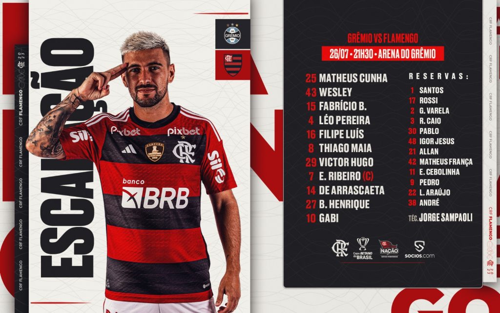 SAIU! Flamengo divulga escalação para jogo contra o Grêmio, pela Copa do Brasil