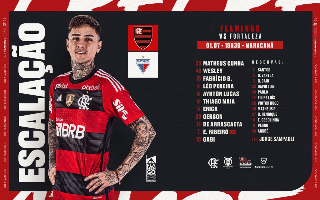 SAIU! Com Gabigol, Flamengo divulga escalação para jogo contra o Fortaleza, pelo Brasileirão