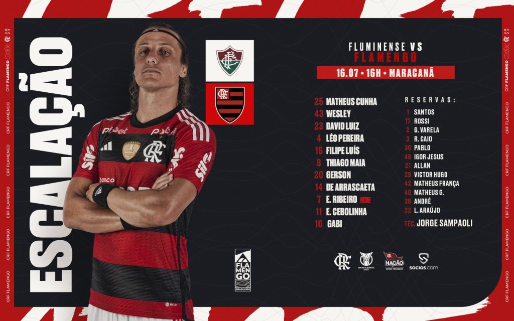 SAIU! Flamengo divulga escalação para jogo contra o Fluminense, pelo Brasileirão