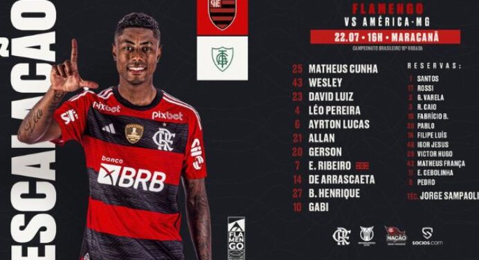 SAIU! Com Bruno Henrique titular, Flamengo divulga escalação para jogo contra América-MG