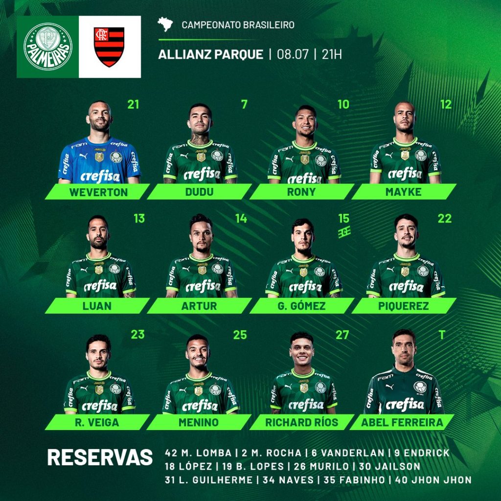 Palmeiras define escalação para jogo contra o Flamengo, pelo Brasileirão