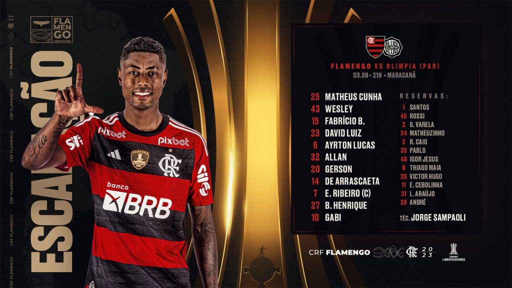 SAIU! Com Ayrton Lucas e ‘quarteto’, Flamengo divulga escalação para jogo contra Olimpia, pela Libertadores