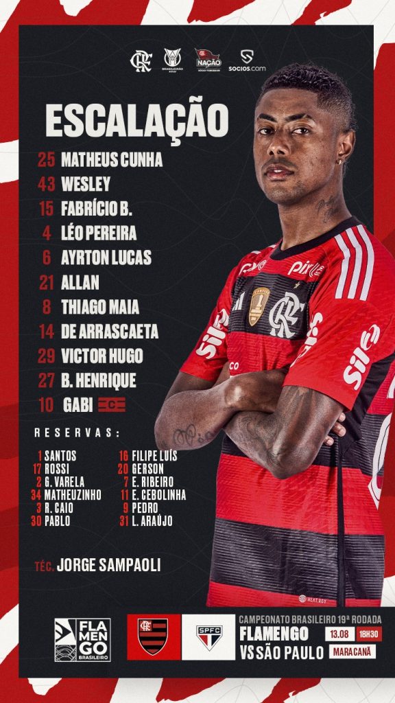 SAIU! Sem Gerson e Everton Ribeiro, Flamengo divulga escalação para jogo contra o São Paulo, pelo Brasileirão