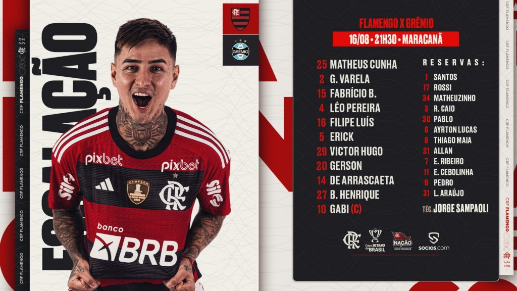 SAIU! Com Pulgar e Varela, Flamengo divulga escalação para jogo contra o Grêmio, pela Copa do Brasil