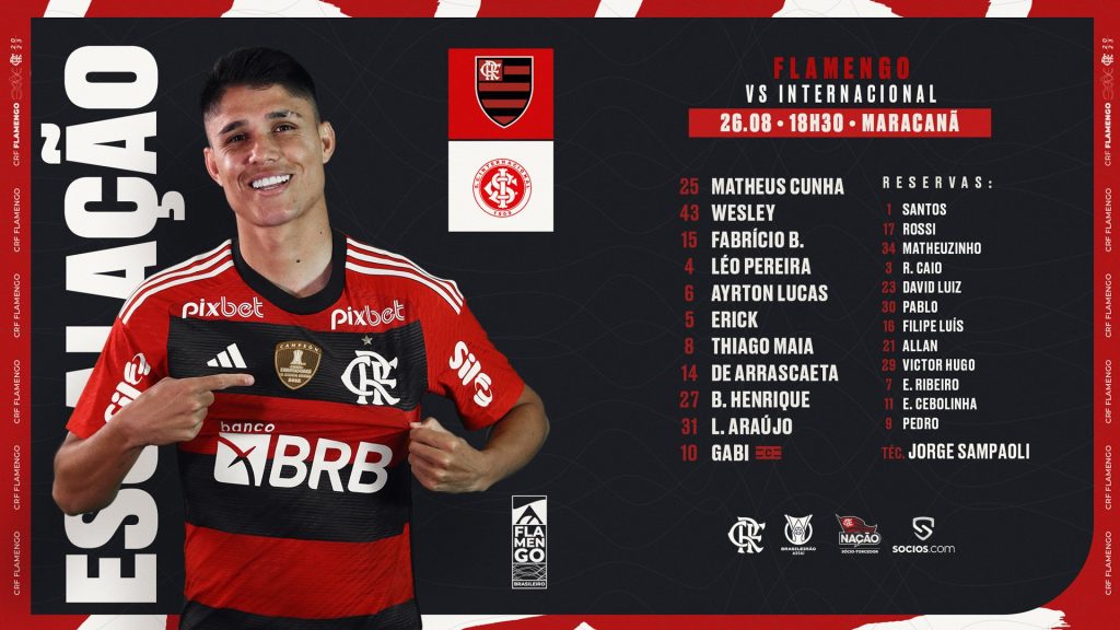 SAIU! Com ataque inédito, Flamengo divulga escalação para jogo contra o Internacional, pelo Brasileirão