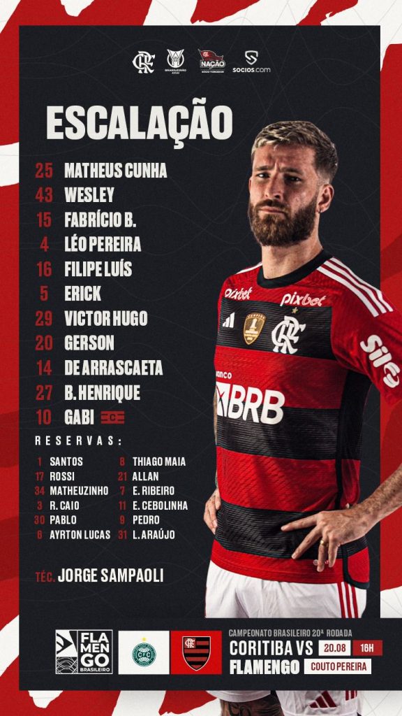 SAIU! Flamengo divulga escalação para jogo contra o Coritiba, pelo Brasileirão