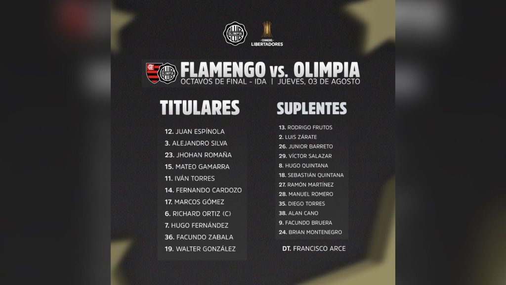 Olimpia define escalação para jogo contra o Flamengo, pela Libertadores