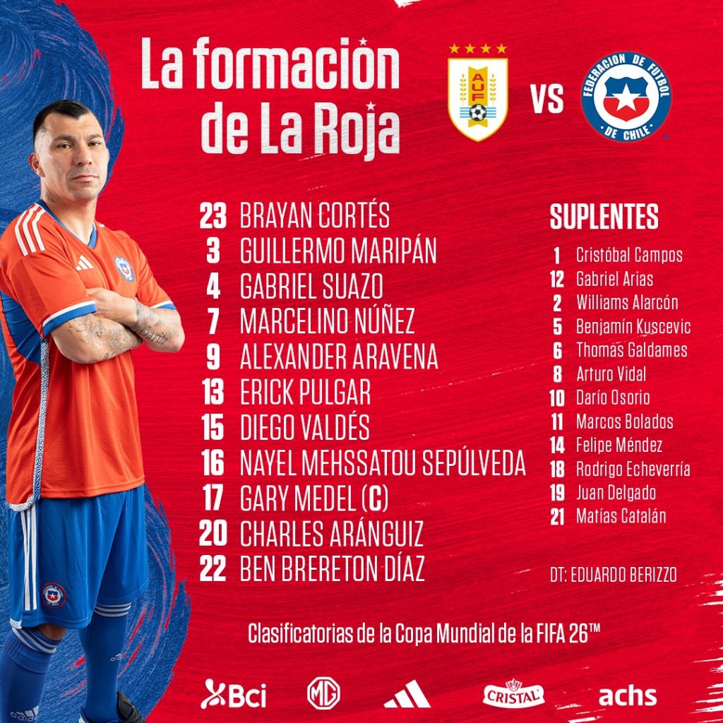 Com Pulgar titular, Chile está escalado para jogo contra o Uruguai; saiba onde assistir