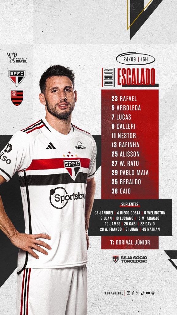 São Paulo define time titular para jogo contra o Flamengo, na final da Copa do Brasil