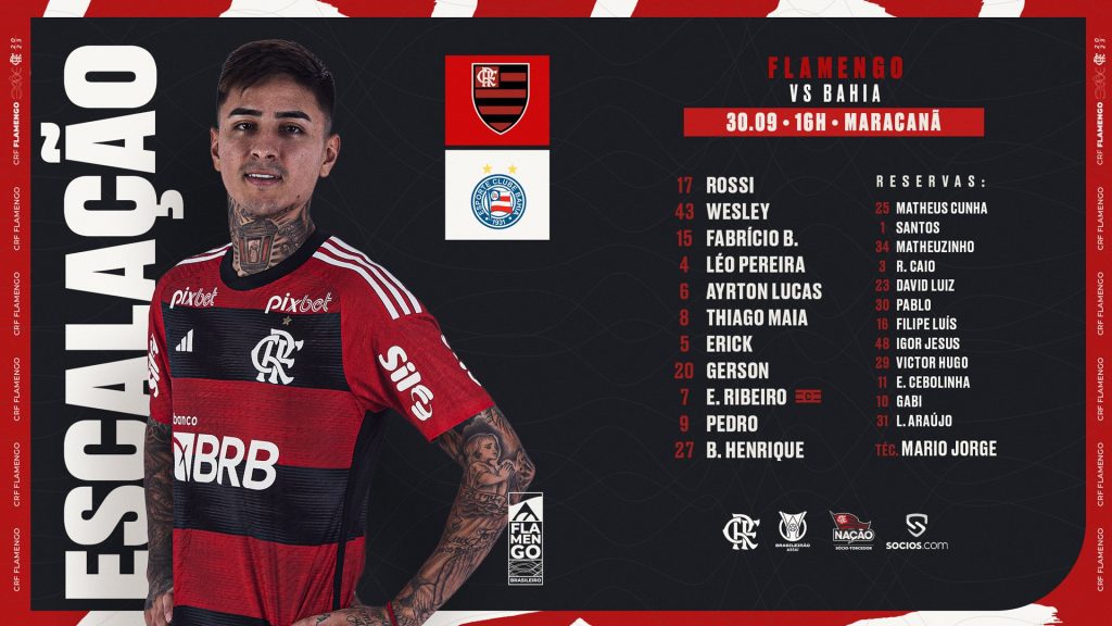 SAIU! Sem Gabigol, Flamengo divulga escalação para jogo contra o Bahia, pelo Brasileirão