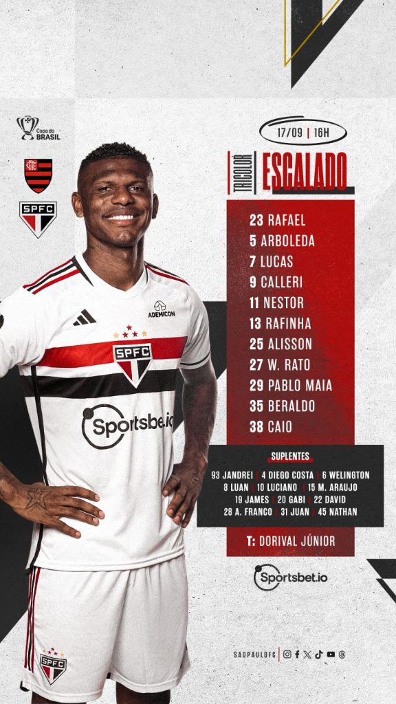 São Paulo define time titular para jogo contra o Flamengo, na final da Copa do Brasil