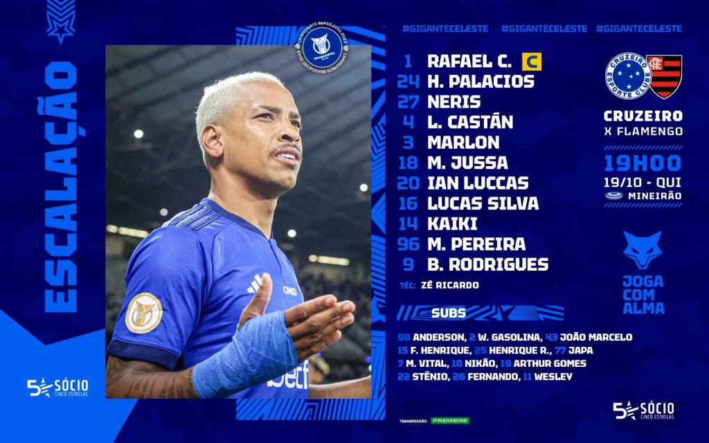 Cruzeiro define escalação para jogo contra o Flamengo, pelo Brasileirão