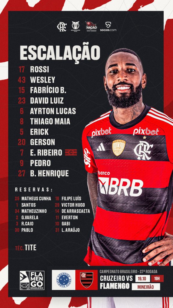 SAIU! Com Arrascaeta no banco, Flamengo divulga escalação para jogo contra o Cruzeiro