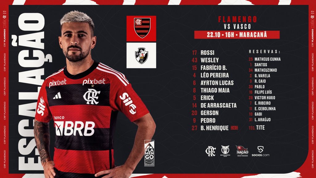 SAIU! Com Arrascaeta, Flamengo divulga escalação para jogo contra o Vasco