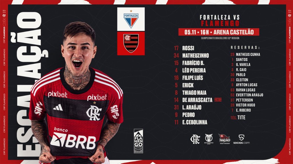 SAIU! Com Matheuzinho e Filipe Luís, Flamengo divulga escalação para jogo contra o Fortaleza