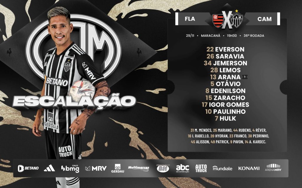 Atlético-MG divulga escalação para jogo contra o Flamengo, pelo Brasileirão