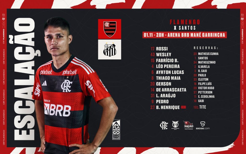 SAIU! Com Luiz Araújo titular, Flamengo divulga escalação para jogo contra o Santos