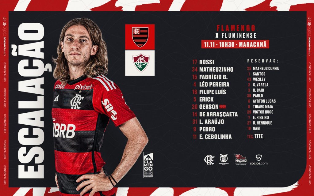 SAIU! Flamengo divulga escalação para jogo contra o Fluminense, pelo Brasileirão