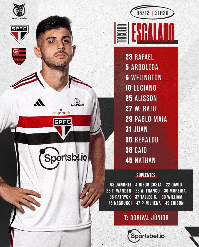 São Paulo define escalação para jogo contra o Flamengo, pelo Brasileirão