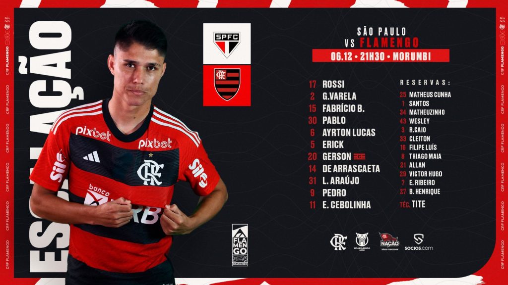 SAIU! Flamengo divulga escalação para jogo contra o São Paulo, pelo Brasileirão