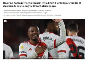 Manchete do jornal Clarín, da Argentina, sobre chegada de De La Cruz ao Flamengo