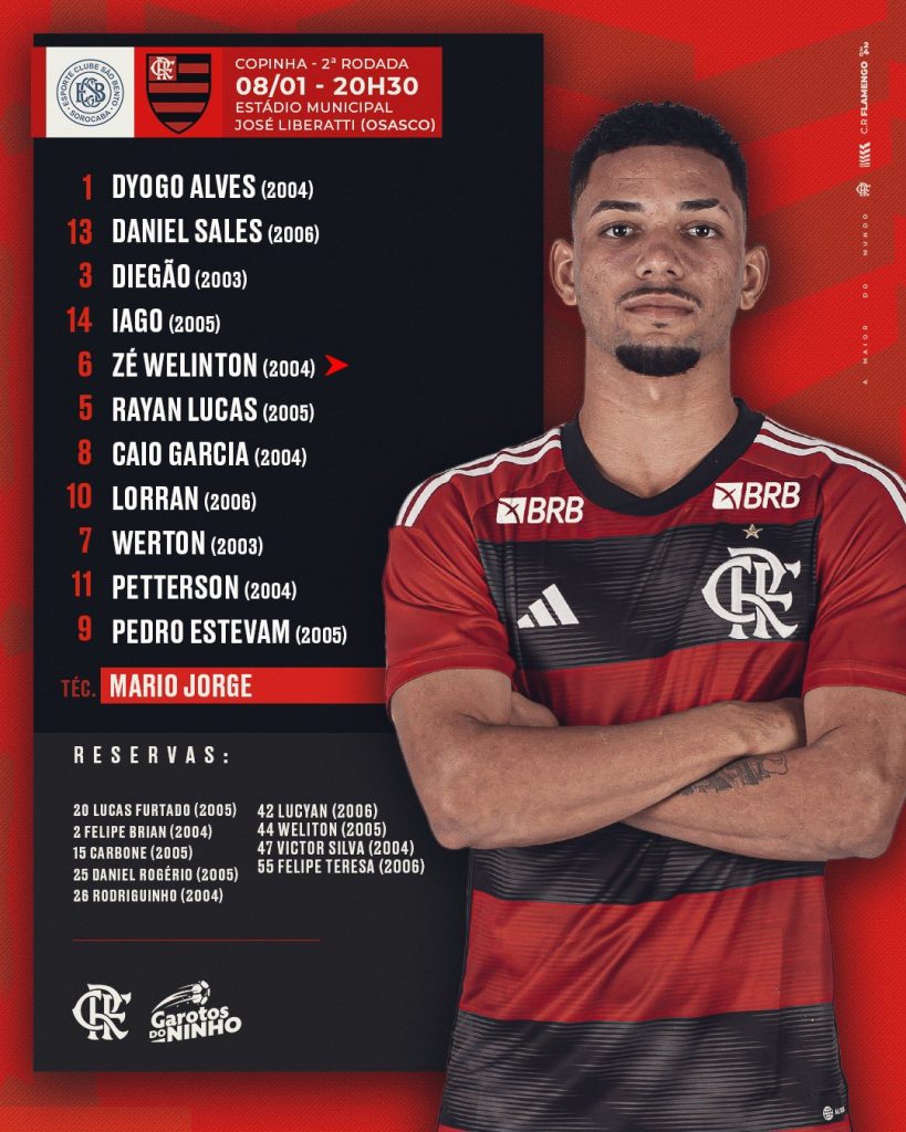 SAIU! Com Lorran, Flamengo divulga escalação para 2º jogo da Copinha, contra o São Bento