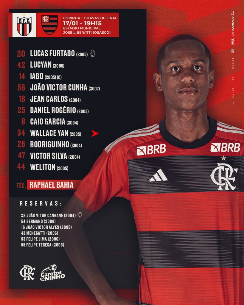 SAIU! Flamengo divulga escalação para jogo contra o Botafogo-SP, pela Copinha