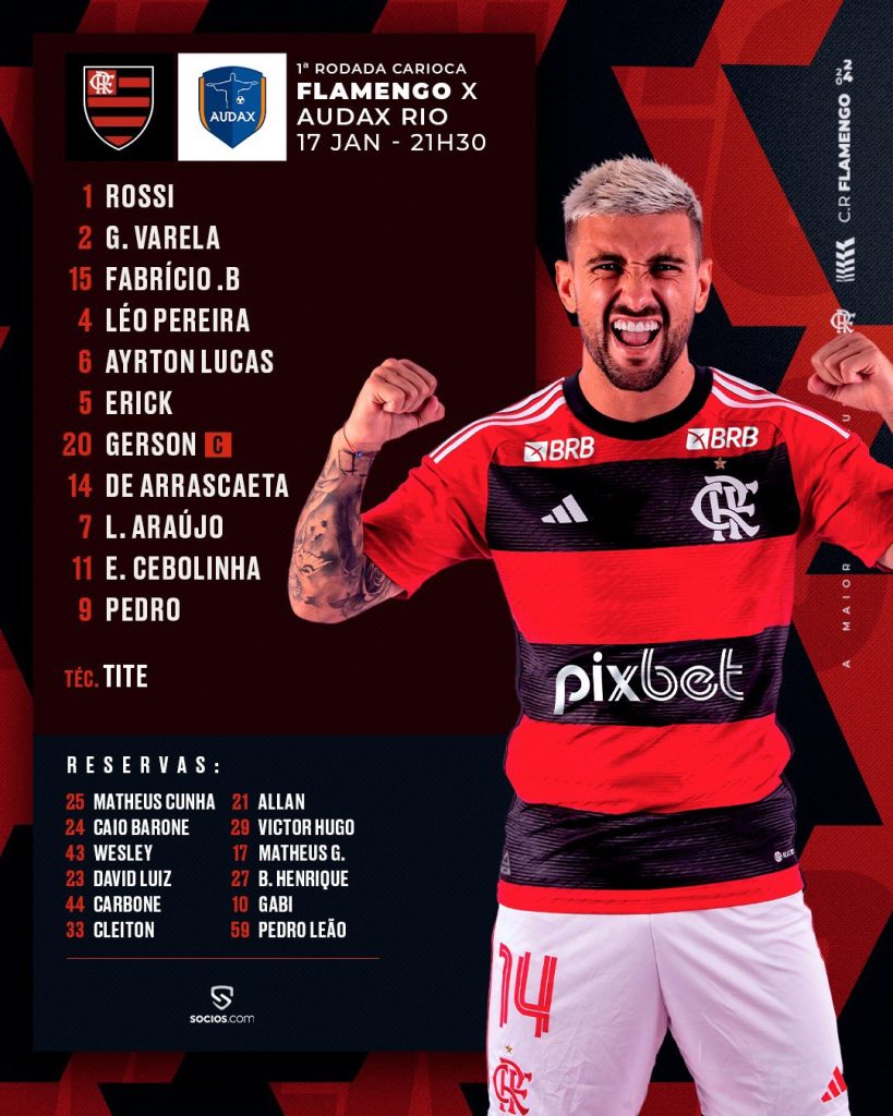 SAIU! Flamengo divulga escalação para jogo contra o Audax, pelo Campeonato Carioca