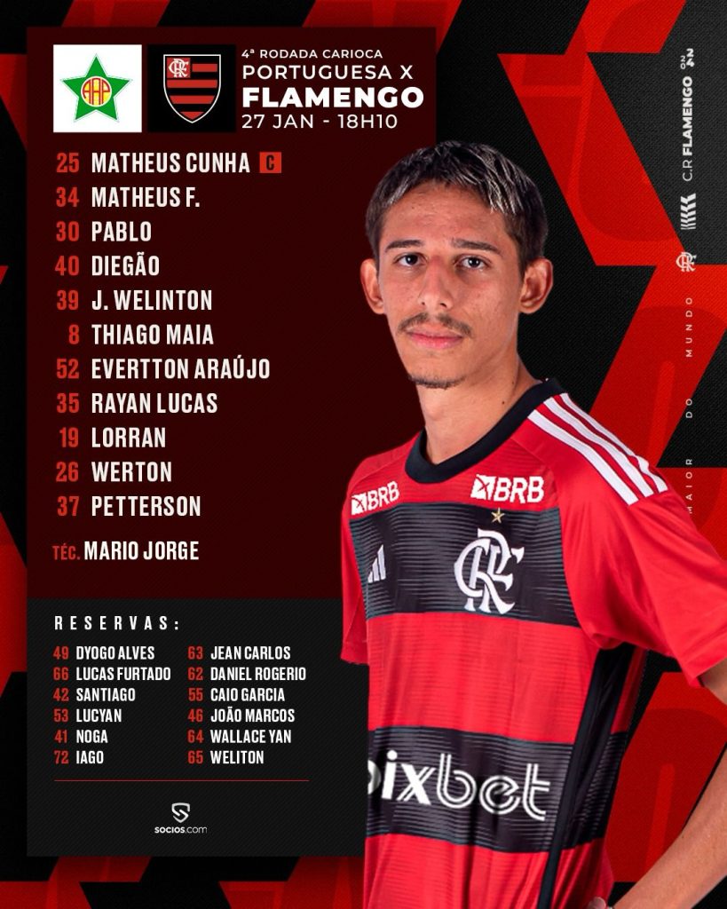 SAIU! Com Thiago Maia e Matheuzinho, Flamengo divulga escalação para jogo contra Portuguesa, pelo Carioca