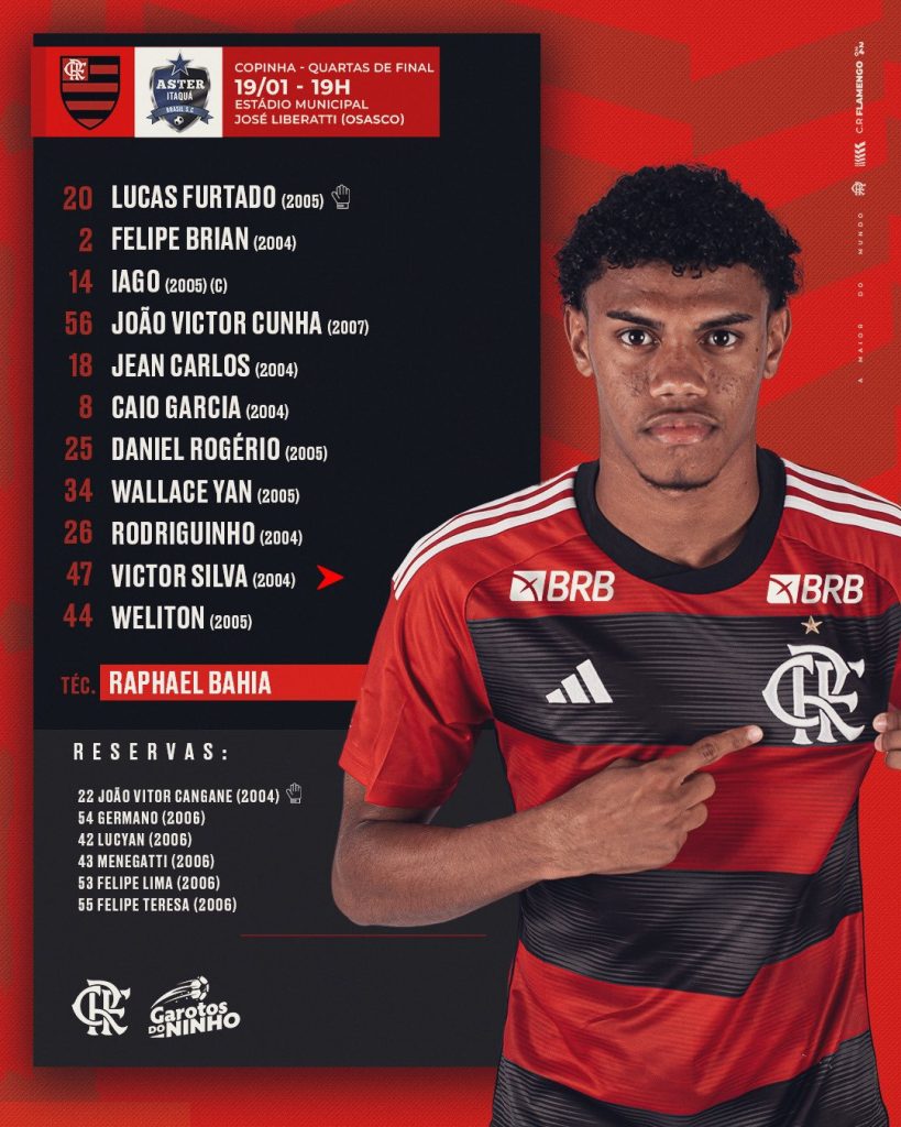 SAIU! Flamengo divulga escalação para jogo contra o Aster-SP, pela Copinha