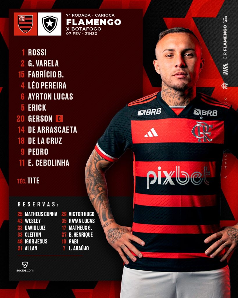 SAIU! Flamengo divulga escalação para jogo contra o Botafogo, pelo Carioca