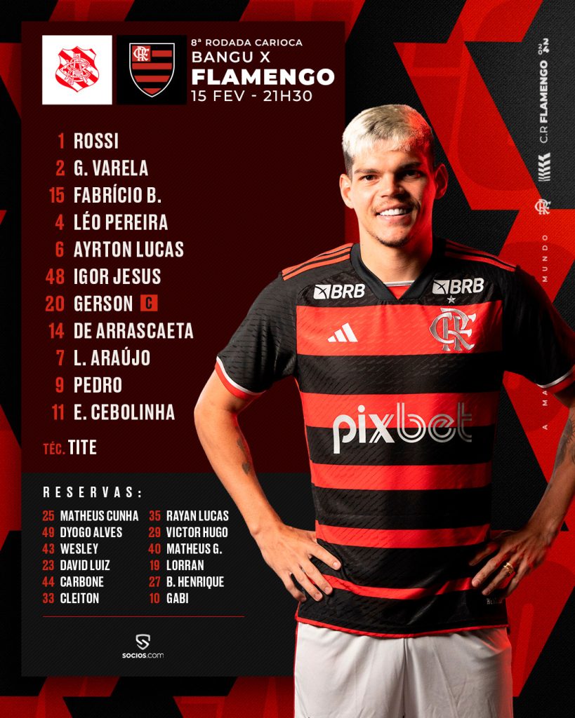 SAIU! Flamengo divulga escalação para jogo contra o Bangu, pelo Campeonato Carioca