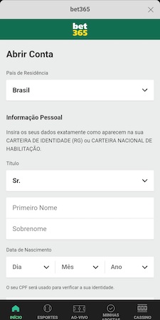 cadastrar na Bet365 no app