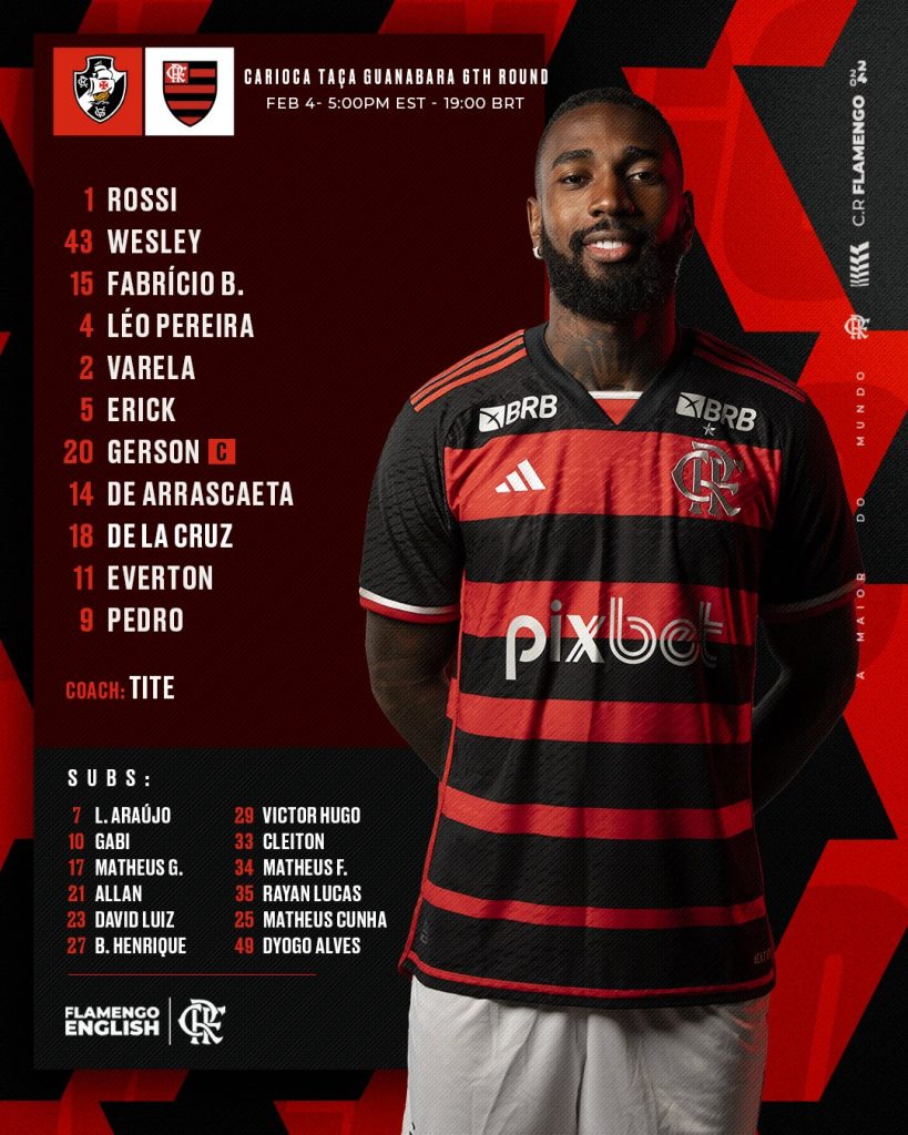 SAIU! Com Cebolinha e Pedro, Flamengo divulga escalação para jogo contra o Vasco, pelo Carioca