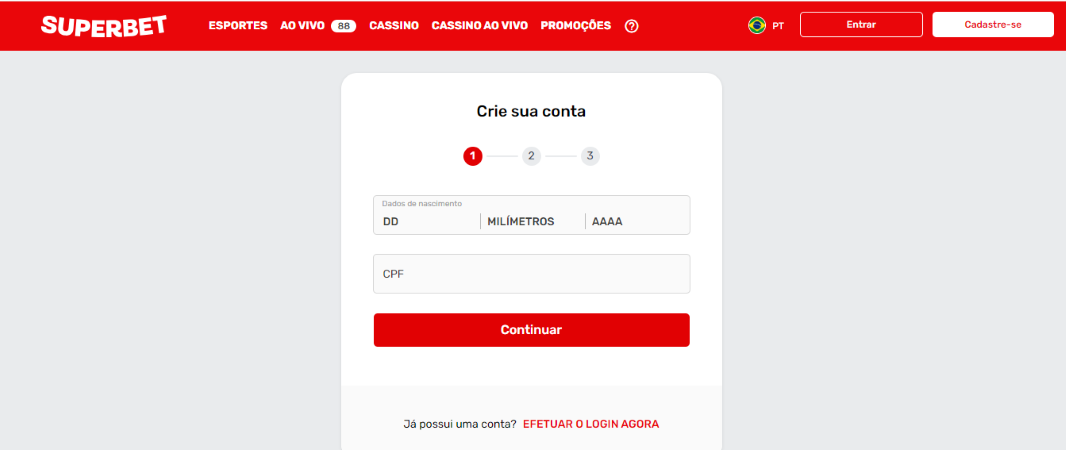 página de cadastro na Superbet