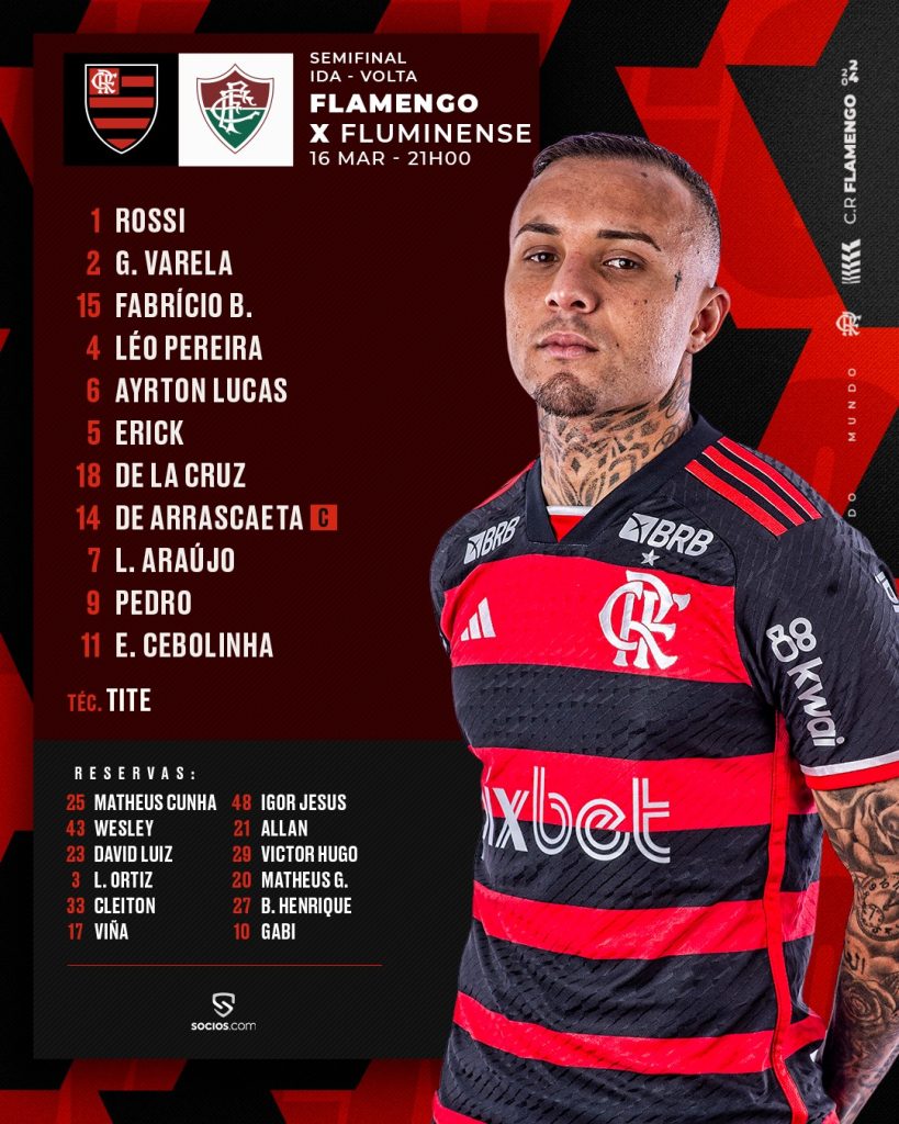 Saiu! Flamengo divulga escalação para jogo decisivo contra o Fluminense