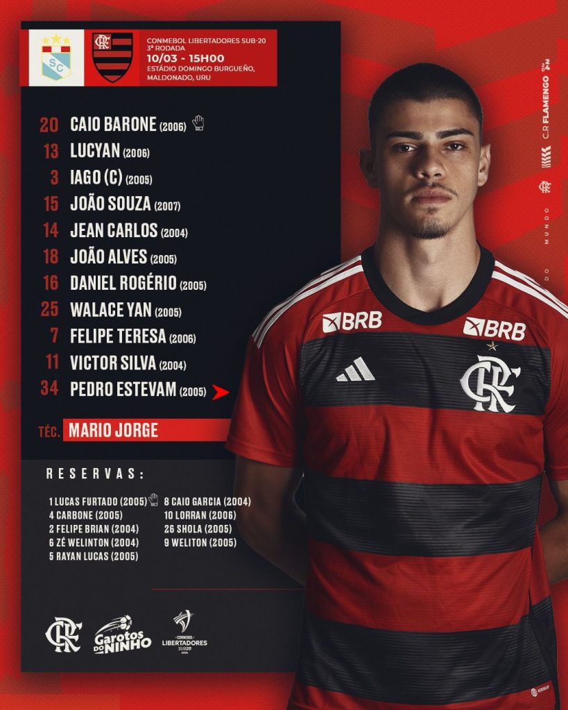 SAIU! Flamengo divulga escalação para jogo contra o Sporting Cristal, pela Libertadores Sub-20