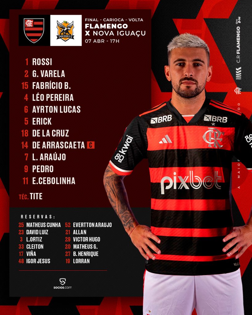 SAIU! Flamengo divulga escalação para jogo contra o Nova Iguaçu, valendo o título do Campeonato Carioca