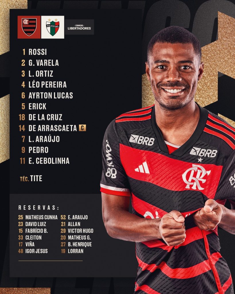 SAIU! Com Léo Ortiz, Flamengo divulga escalação para jogo contra o Palestino, pela Libertadores